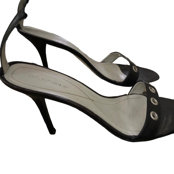 BCBGirls size 9.5 black leather open toe , ankle strap heels w/ silver details - Picture 2 of 8